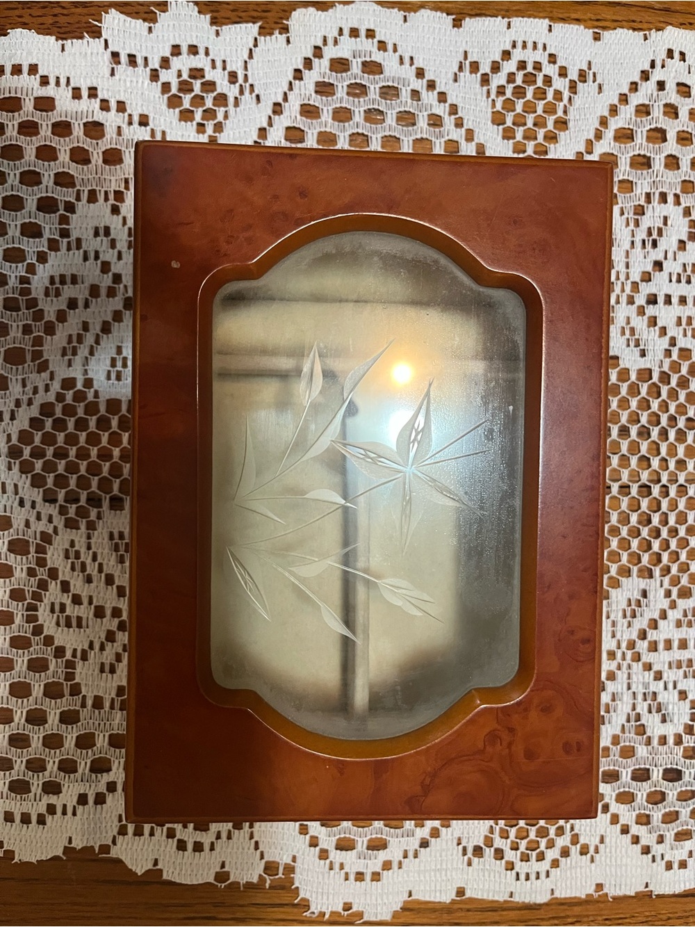 Vintage Wood-Frame Etched Glass Wall Plaque in Brown